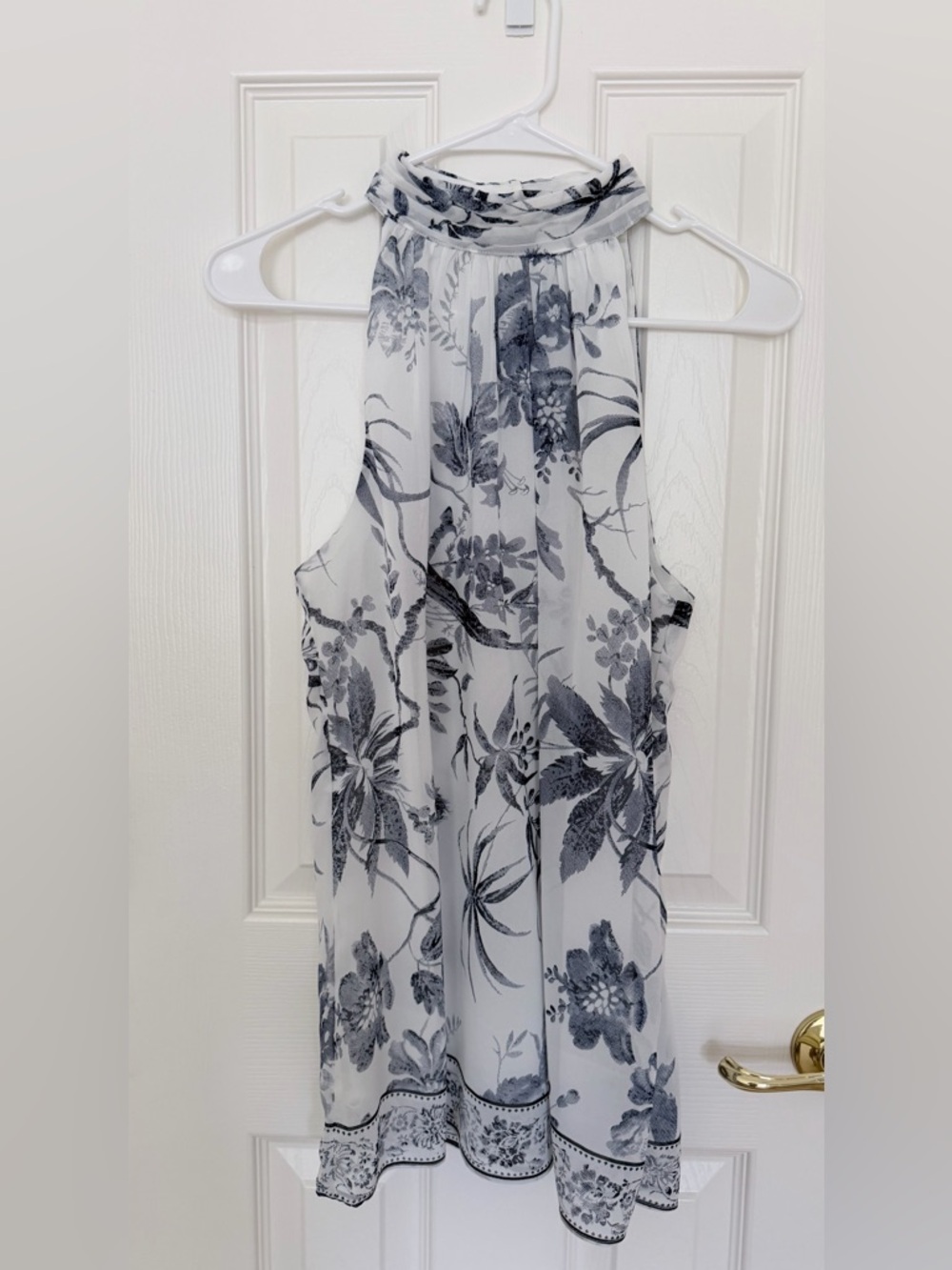 Tahari Sleeveless Floral Sheer Halter Top in White & Blue